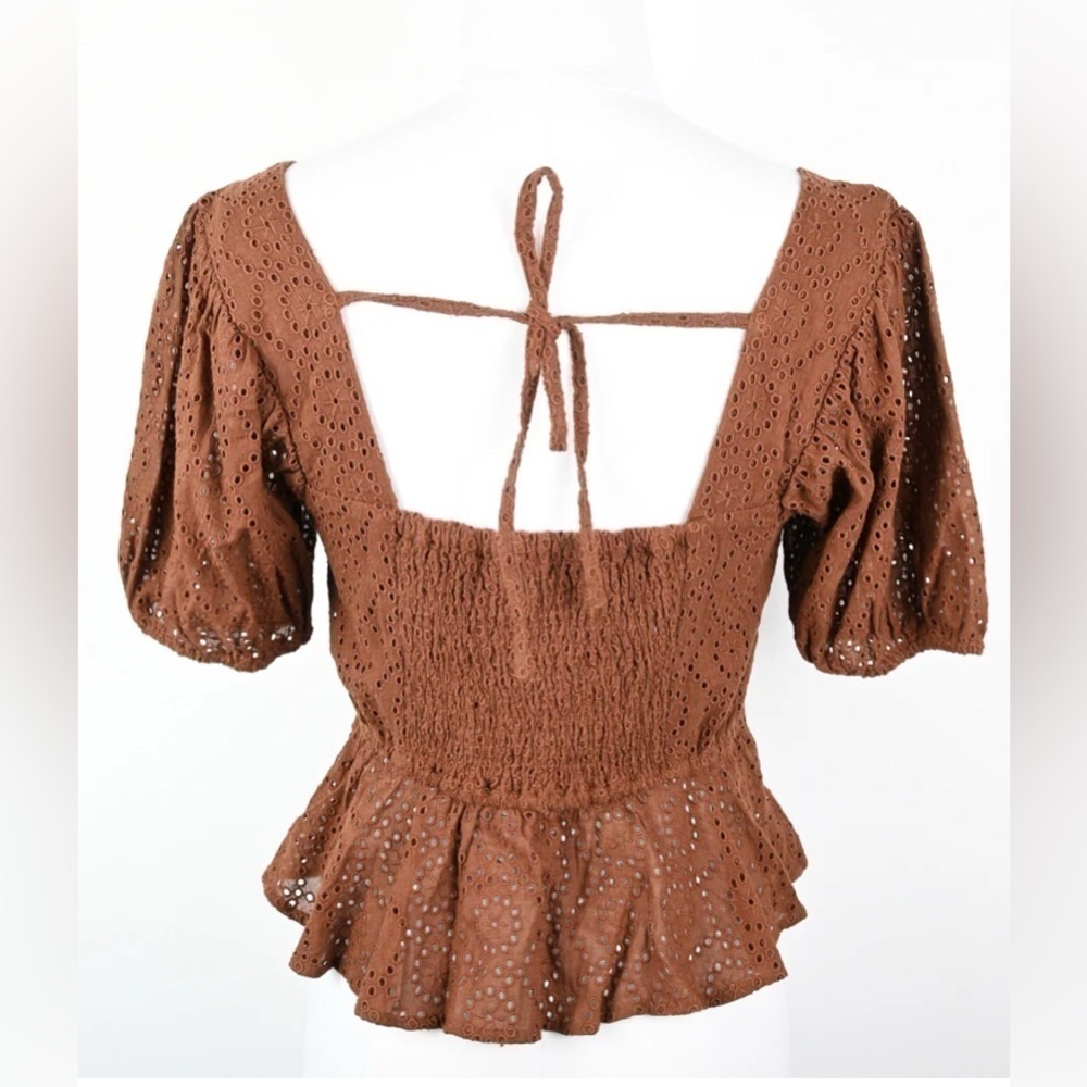 Band of the Free Women Size M Cottagecore Brown Eyelet Babydoll Smocked Tie Back - Picture 6 of 10